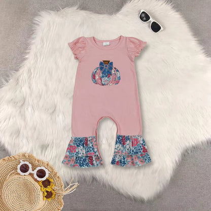 Matching Baby girls pumpkin flower pink outfits dress romper clothing embroidery