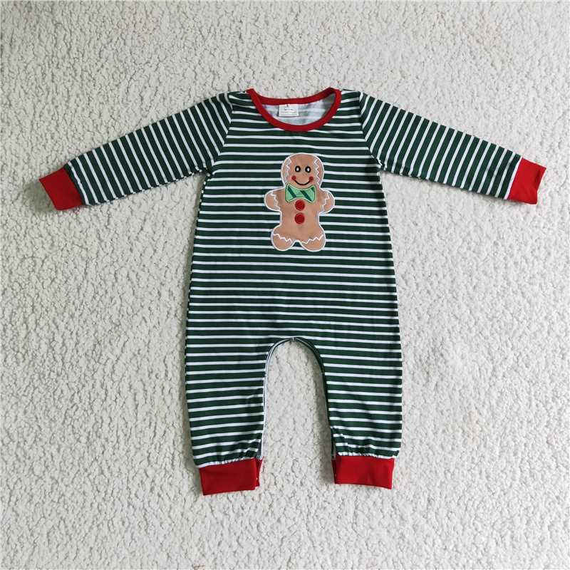 Matching Baby girls boys Christmas Gingerbread stripe romper outfits long sleeves embroidery