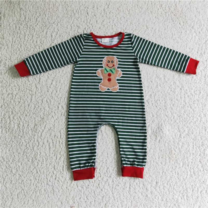 Matching Baby girls boys Christmas Gingerbread stripe romper outfits long sleeves embroidery