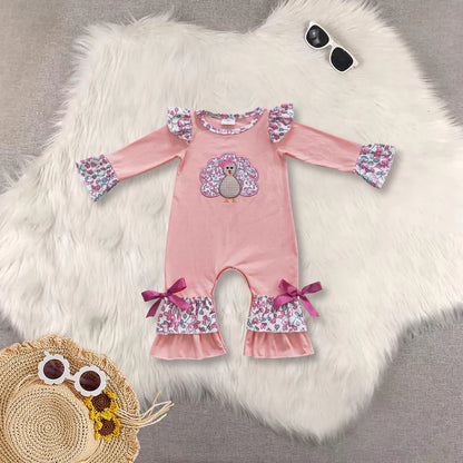 Matching Baby girls Thanksgiving pink turkey outfits embroidery clothing