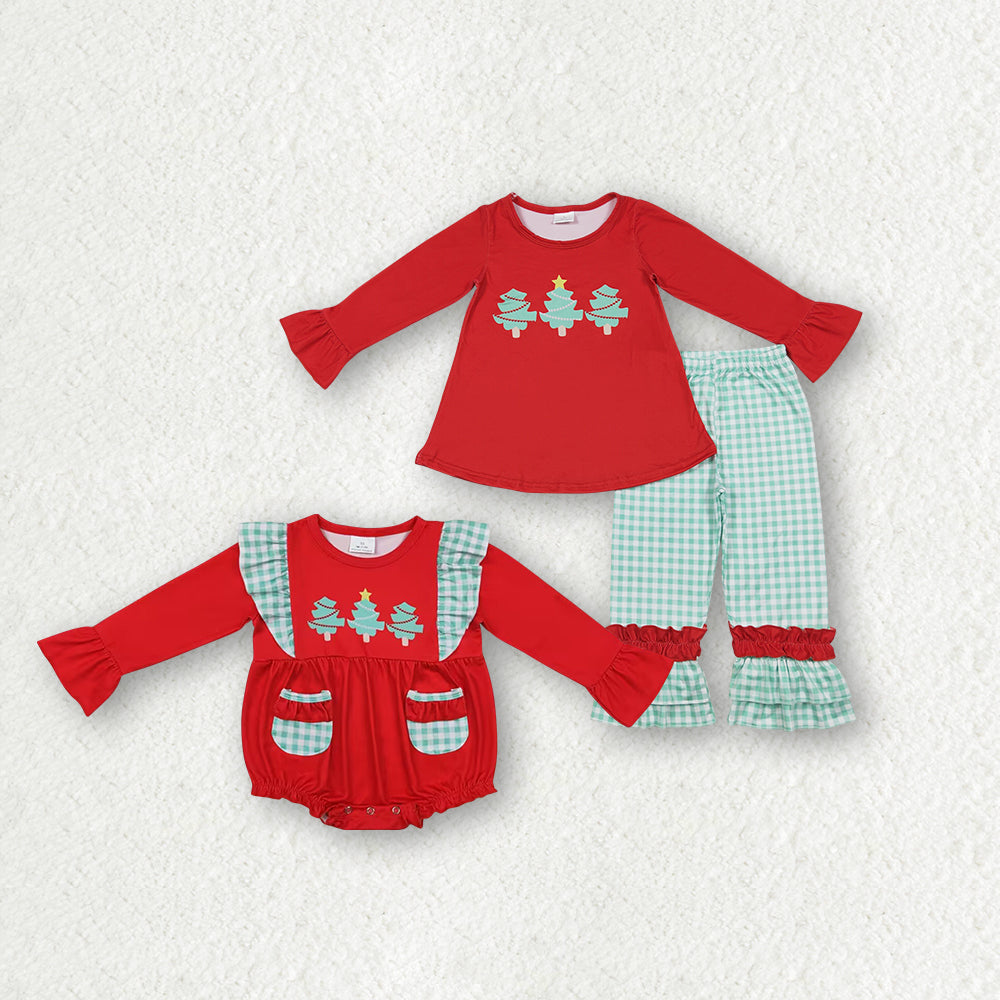 Matching Baby boys Christmas tree romper outfits red long sleeves green checkered