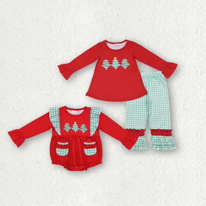 Matching Baby boys Christmas tree romper outfits red long sleeves green checkered