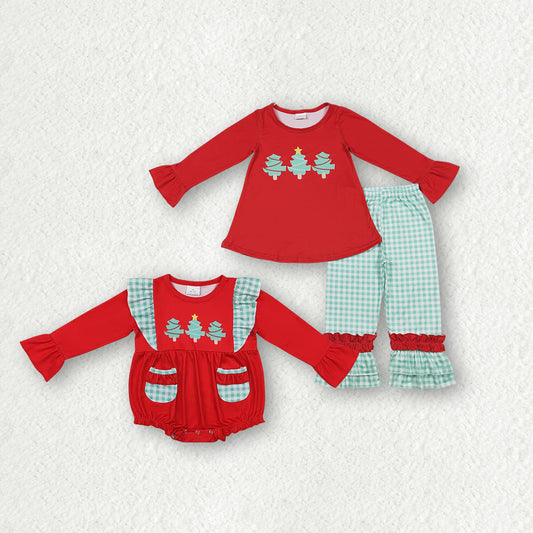 Matching Baby boys Christmas tree romper outfits red long sleeves green checkered