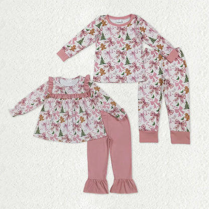 Matching Girls Christmas bow pink pajamas outfits