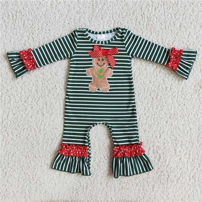 Matching Baby girls boys Christmas Gingerbread stripe romper outfits long sleeves embroidery
