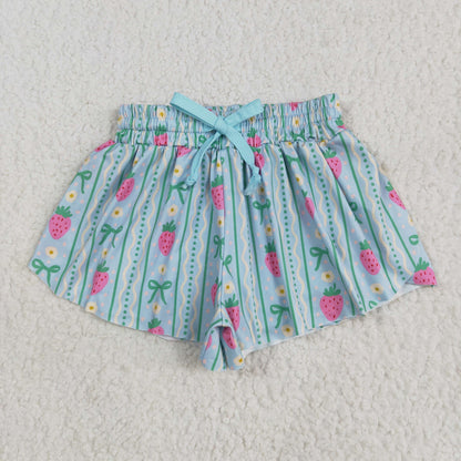 SS0580 girls green wave strawberry blue shorts