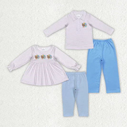 Matching Baby girls boys Thanksgiving turkey blue outfits embroidery