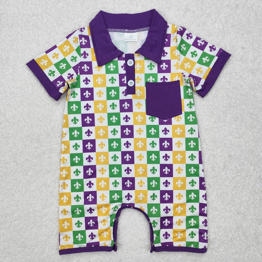 SR2385 Baby Mardi Gras checked pocket romper