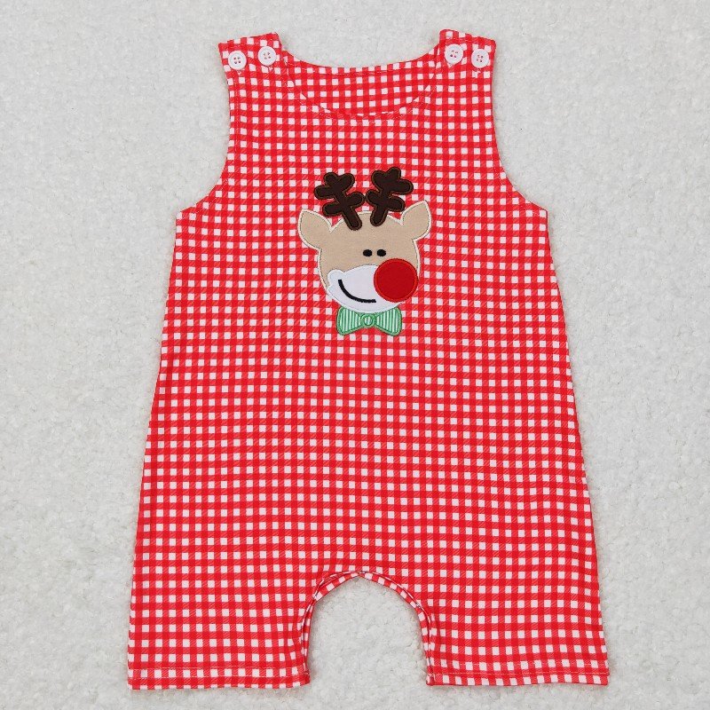 SR0409 deer sleeveless Christmas red plaid romper