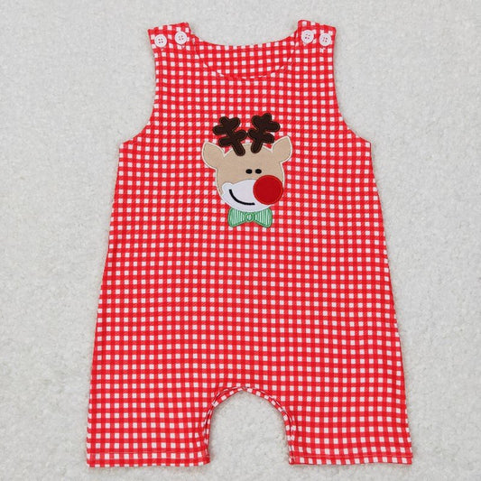 SR0409 deer sleeveless Christmas red plaid romper