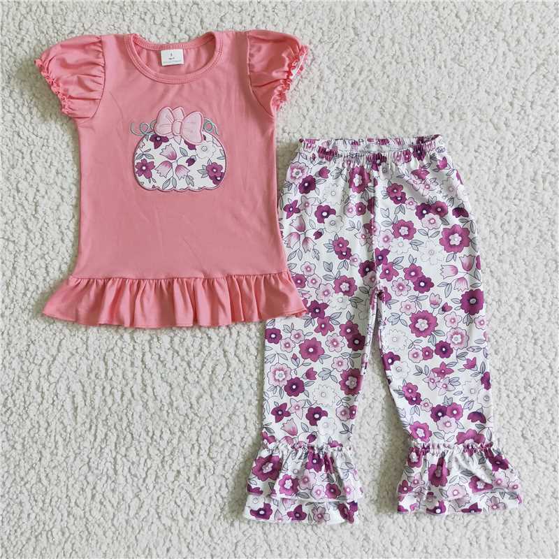 Matching Baby girls Halloween pumpkin purple flower outfits romper clothing embroidery