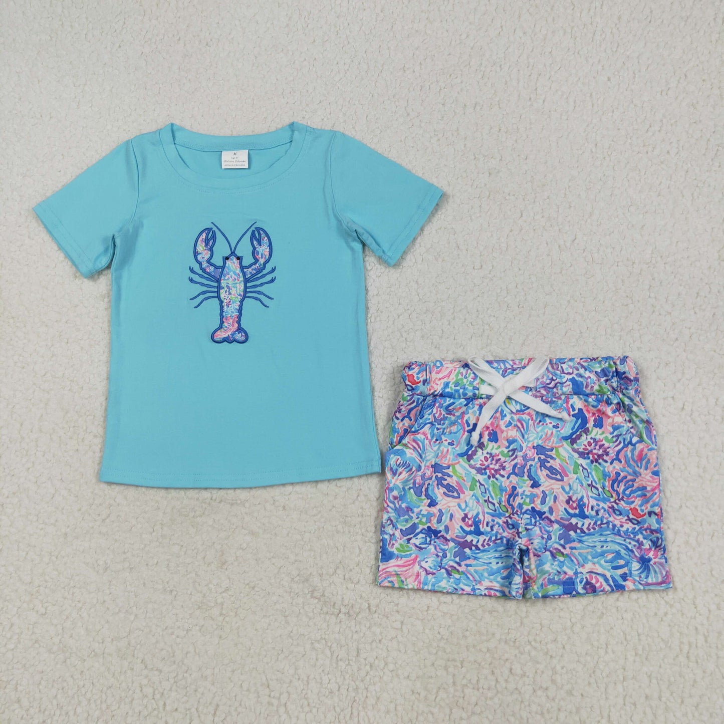 BSSO1479 Boys blue short sleeve crayfish shorts outfits embroidery