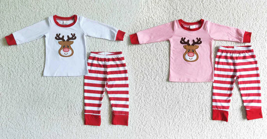 Matching Baby girls boys Christmas deer stripe pajamas embroidery