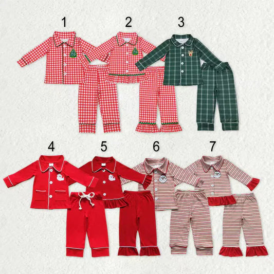 Matching Baby boys girls Christmas button long sleeves pajamas embroidery