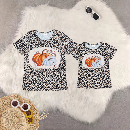 Family Matching Adult  girls pumpkin leopard short sleeve top