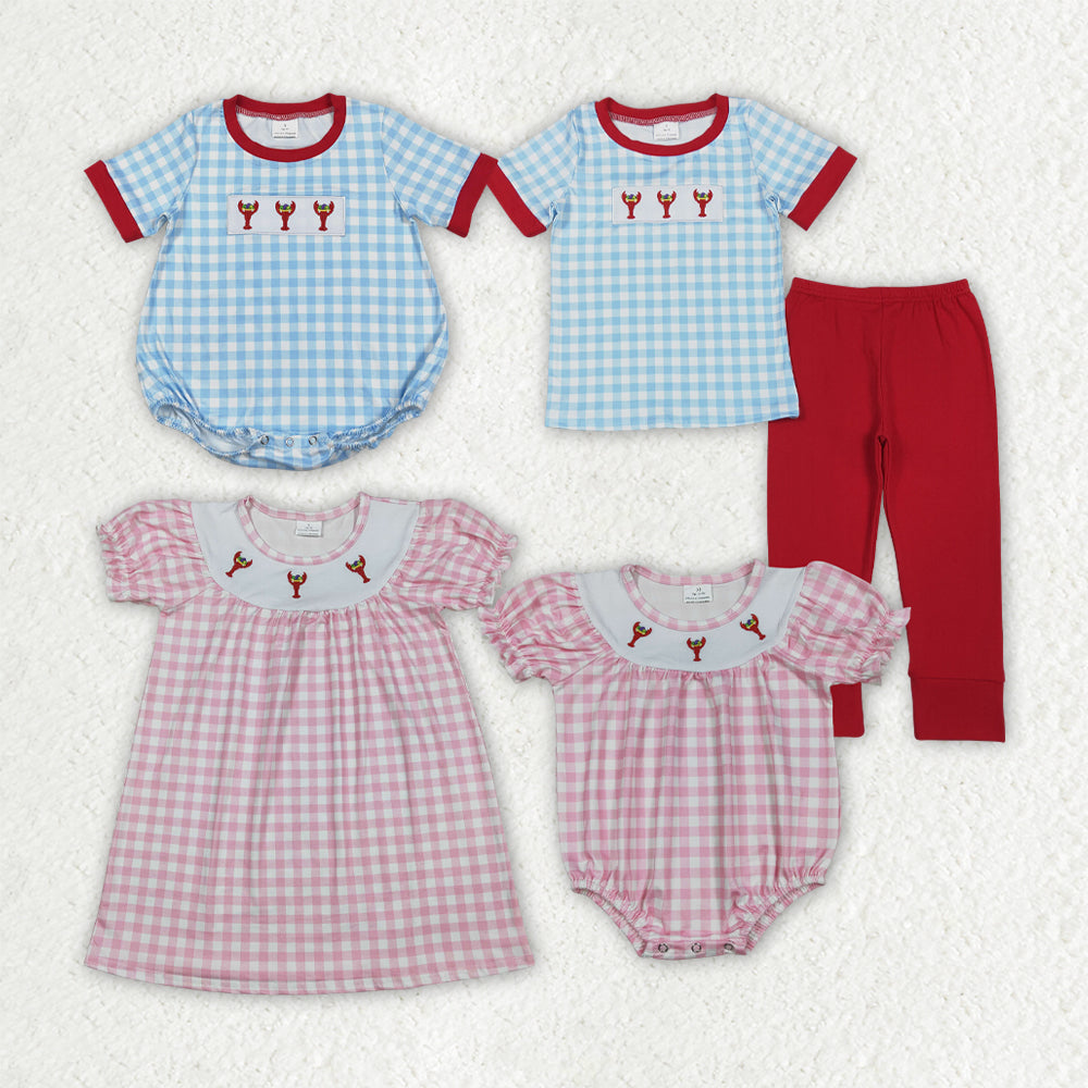 Matching Baby girls boys Mardi Gras lobster outfits short sleeves embroidery