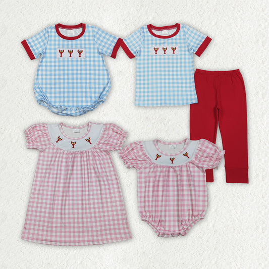 Matching Baby girls boys Mardi Gras lobster outfits short sleeves embroidery