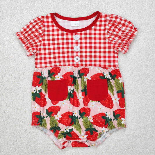 SR2307 Baby Girls puff sleeve plaid Strawberry pocket romper