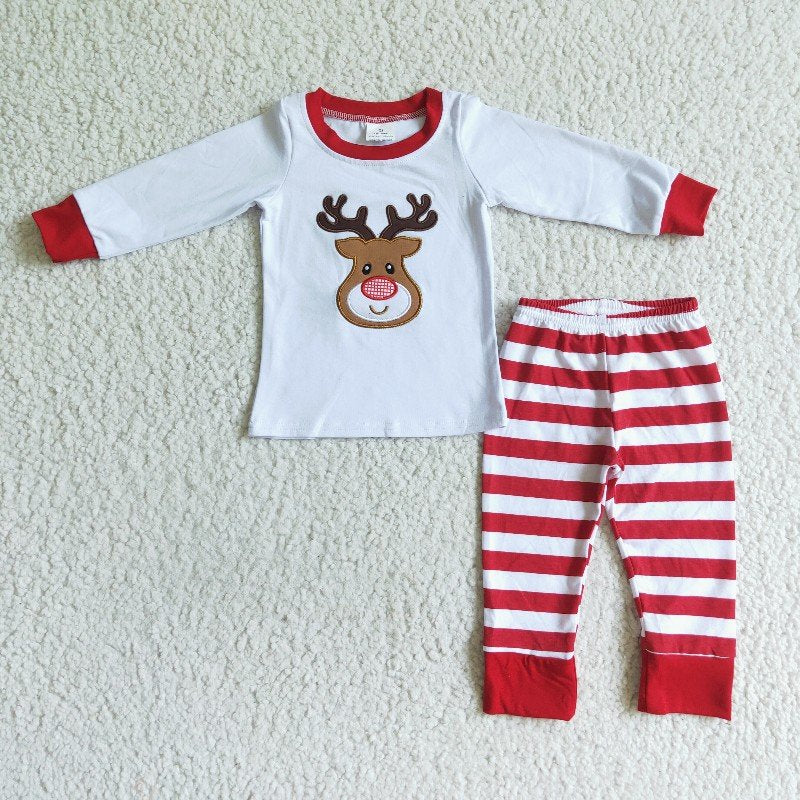 Matching Baby girls boys Christmas deer stripe pajamas embroidery