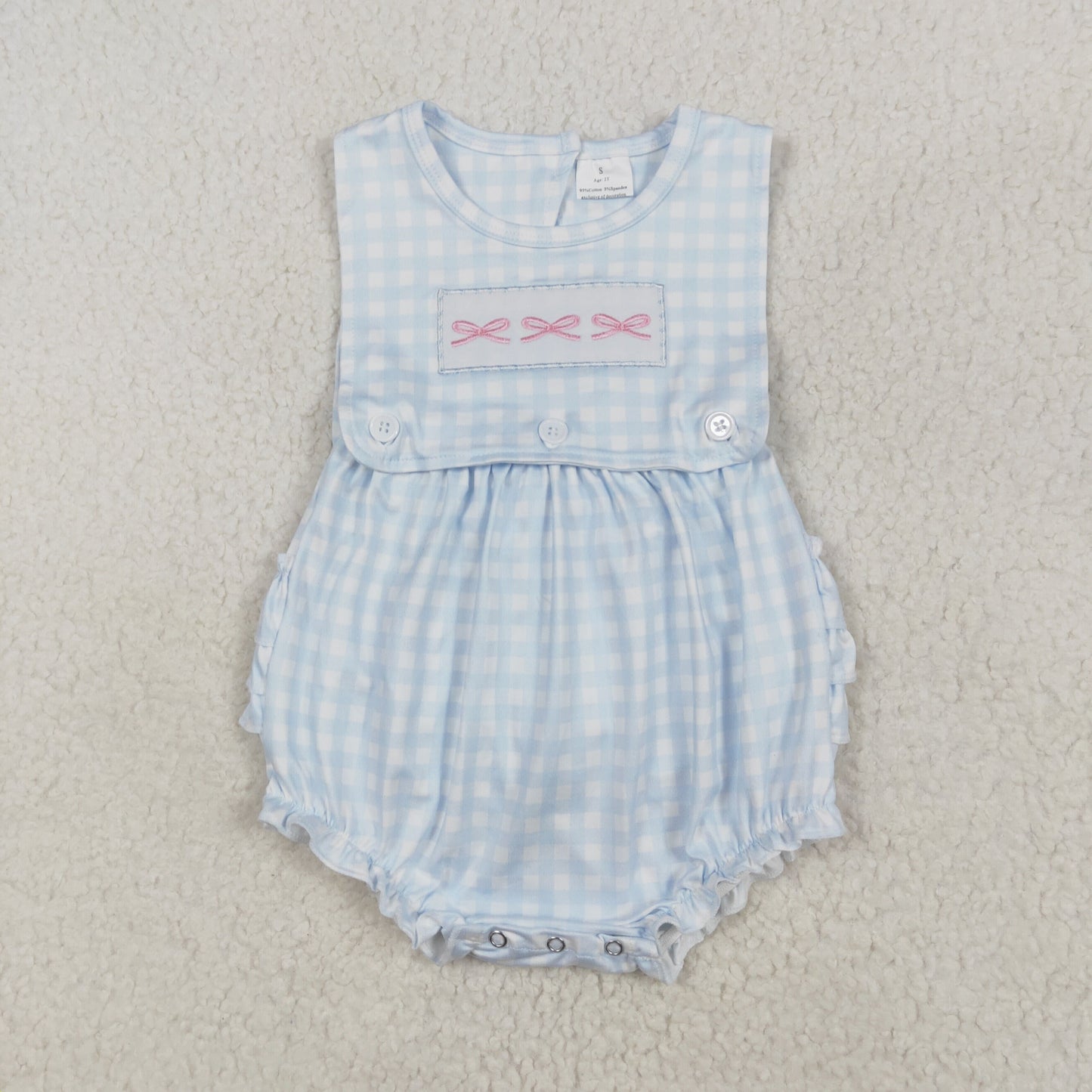 SR2203 Baby Girl blue checkered sleeveless vest bow romper embroidery