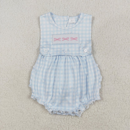 SR2203 Baby Girl blue checkered sleeveless vest bow romper embroidery