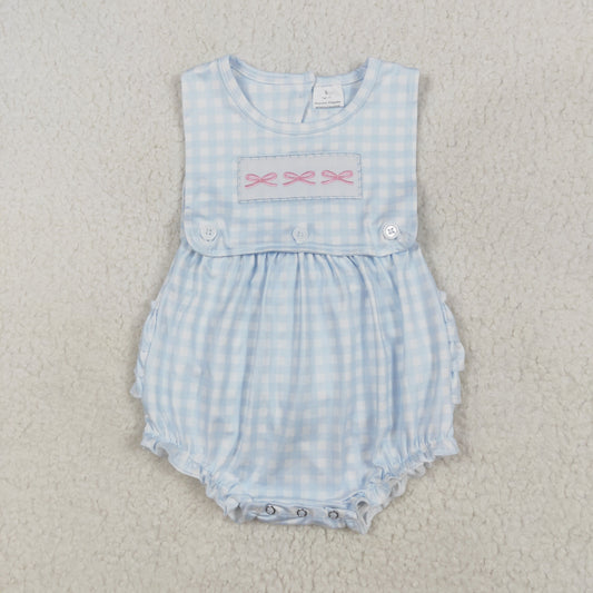 SR2203 Baby Girl blue checkered sleeveless vest bow romper embroidery