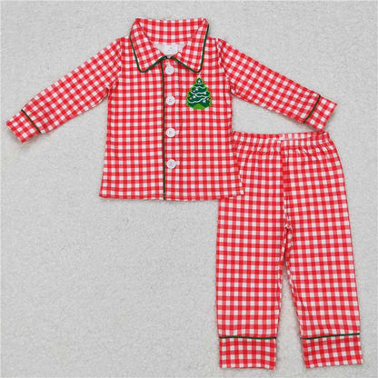 Matching Baby boys girls Christmas button long sleeves pajamas embroidery
