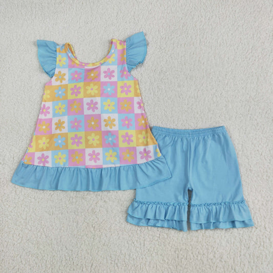GSSO2623 baby girls flying sleeve flower checkered blue shorts outfits