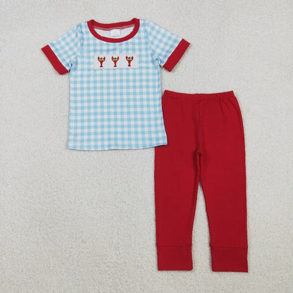 Matching Baby girls boys Mardi Gras lobster outfits short sleeves embroidery