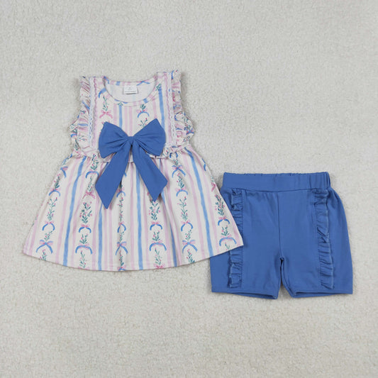 GSSO2533 baby girls sleeveless stripe bow blue shorts outfits