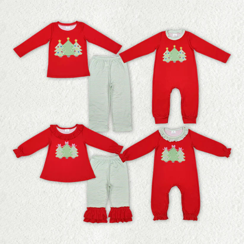 Matching Baby girls boys Christmas tree red romper outfits long sleeves embroidery