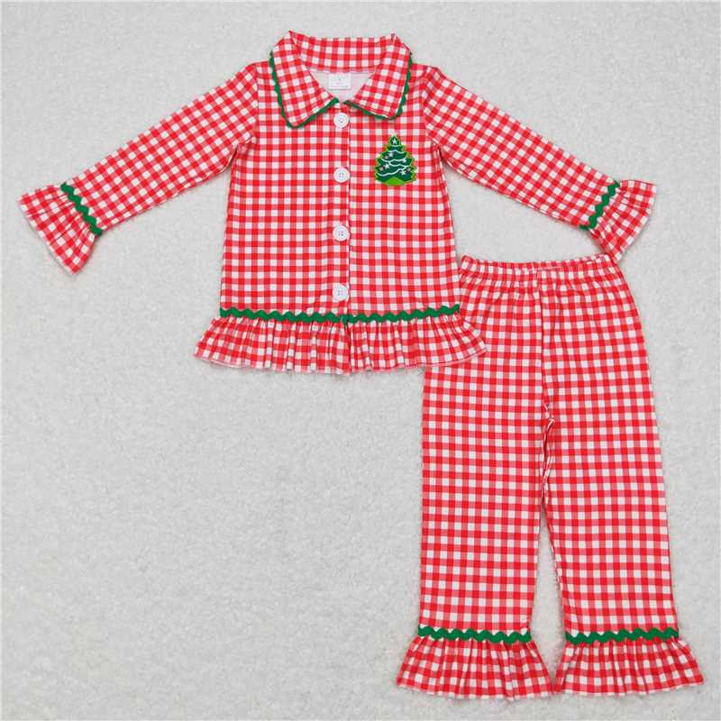 Matching Baby boys girls Christmas button long sleeves pajamas embroidery