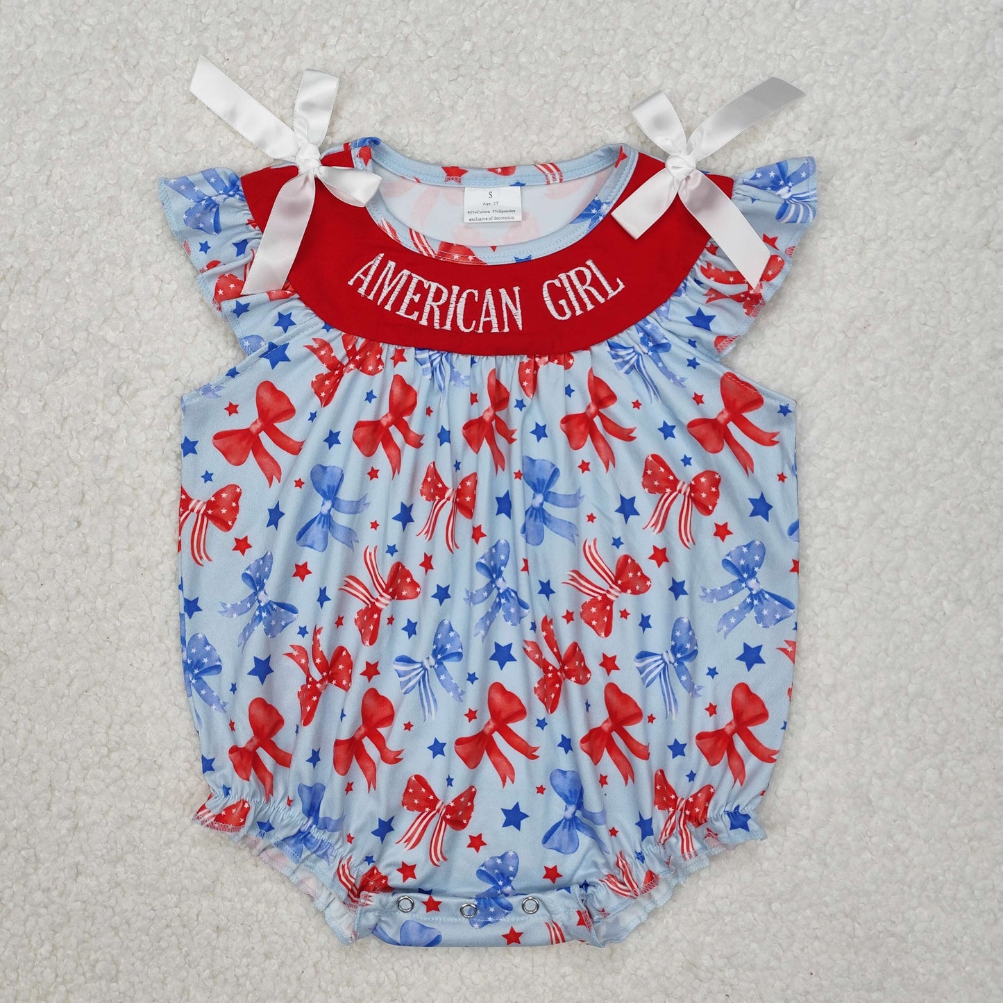 SR2589 Baby girls July Fourth red collar flying sleeve bow romper embroidery