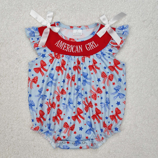 SR2589 Baby girls July Fourth red collar flying sleeve bow romper embroidery