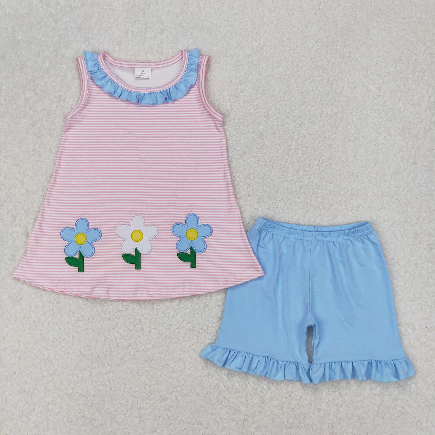GSSO1895 girls pink stripe sleeveless floral blue shorts outfits embroidery