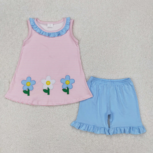 GSSO1895 girls pink stripe sleeveless floral blue shorts outfits embroidery