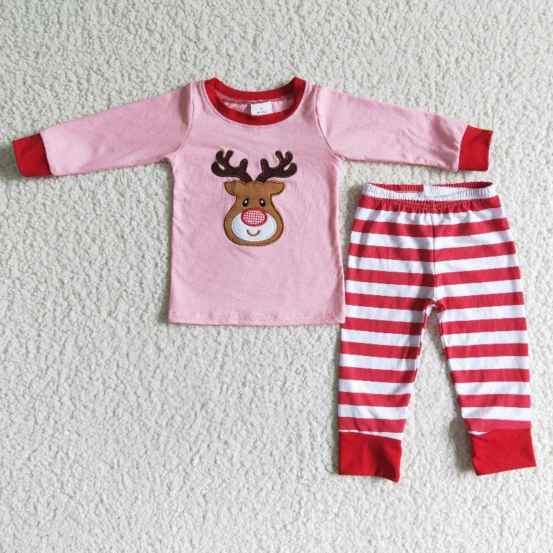 Matching Baby girls boys Christmas deer stripe pajamas embroidery