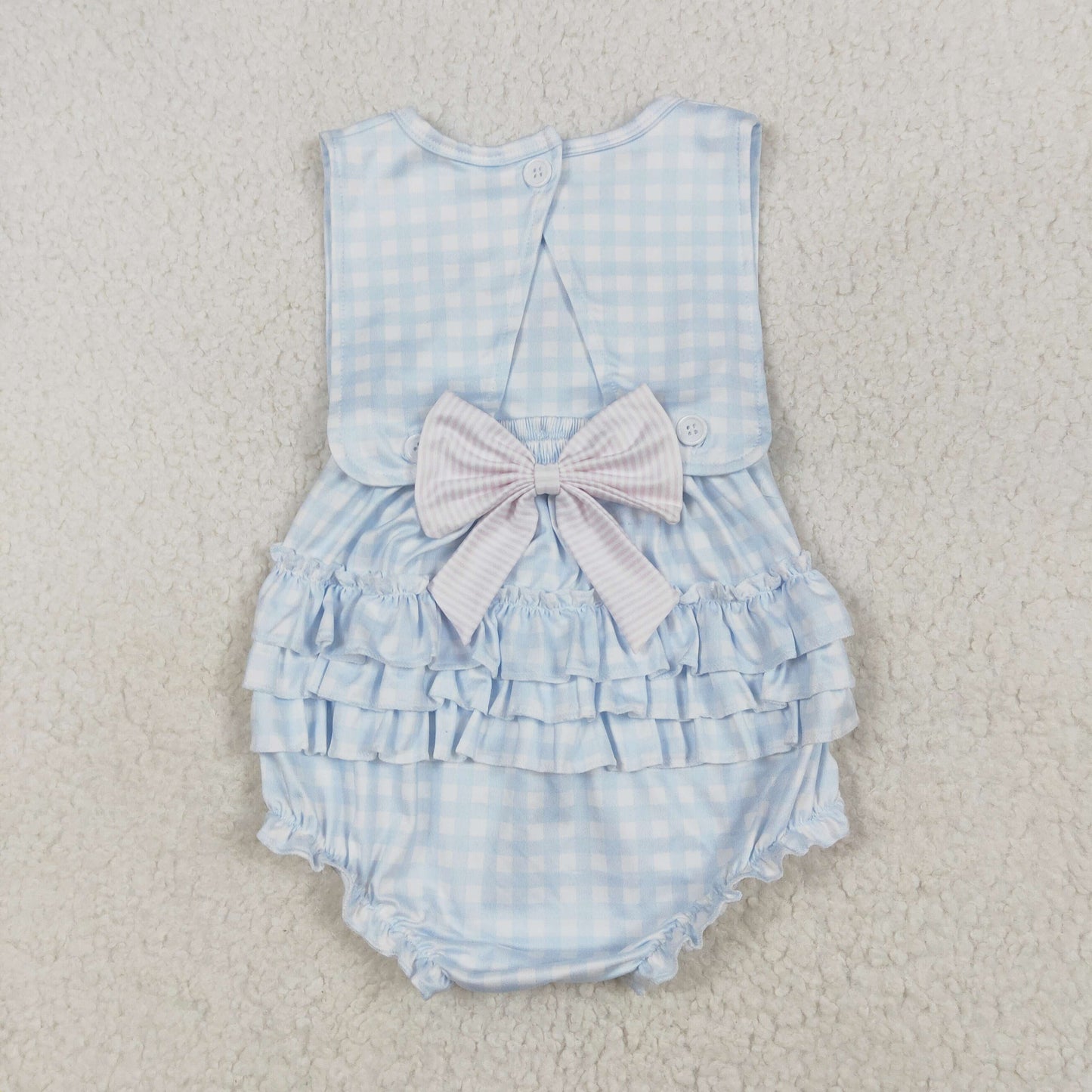 SR2203 Baby Girl blue checkered sleeveless vest bow romper embroidery