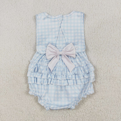 SR2203 Baby Girl blue checkered sleeveless vest bow romper embroidery