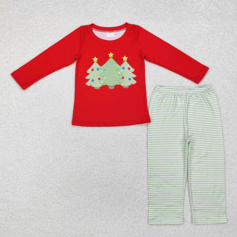 Matching Baby girls boys Christmas tree red romper outfits long sleeves embroidery