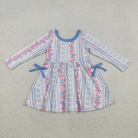 GLD1427 Baby Girls bow strip pocket long sleeve dress