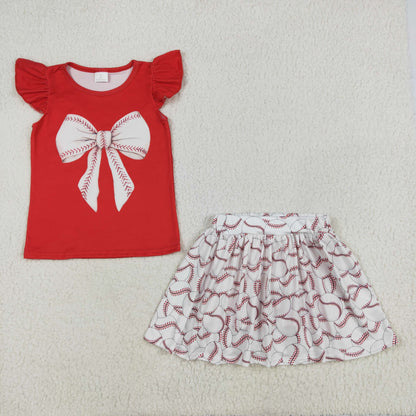 GSD1722 girls fiying sleeve red bow skirt outfits