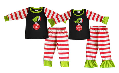 Matching Baby girls boys Christmas cartoon red stripe pajamas embroidery