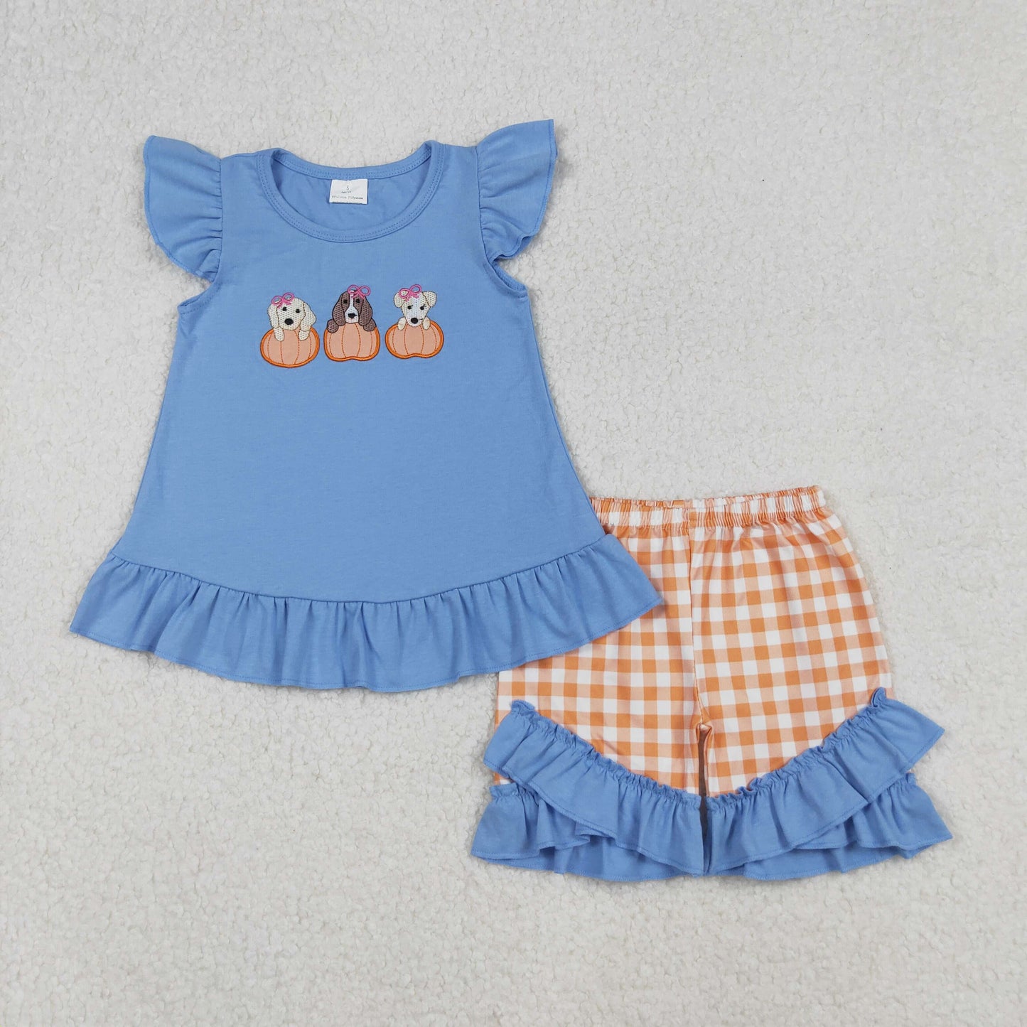 GSSO2700 baby girls blue flying sleeve pumpkin puppy orange checkered shorts outfits embroidery