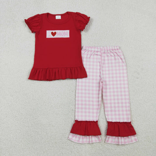 GSPO2071 Girls I LOVE MOM red puff sleeve checkered outfits embroidery