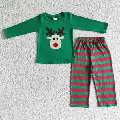 Matching Baby girls boys Christmas deer stripe clothing embroidery