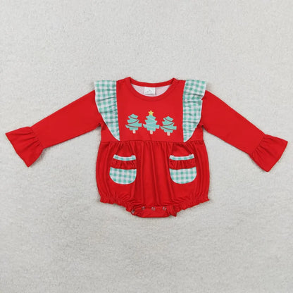 Matching Baby boys Christmas tree romper outfits red long sleeves green checkered