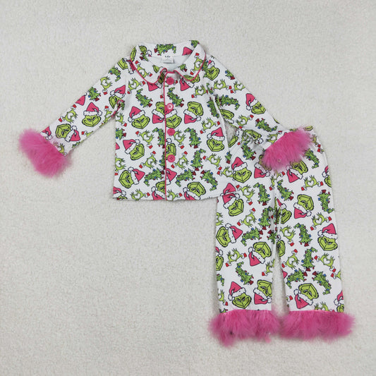 GLP2647 baby girls Christmas green button rose furry pajamas