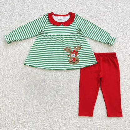 Matching Baby girls boys Christmas deer green stripe romper outfits long sleeves embroidery