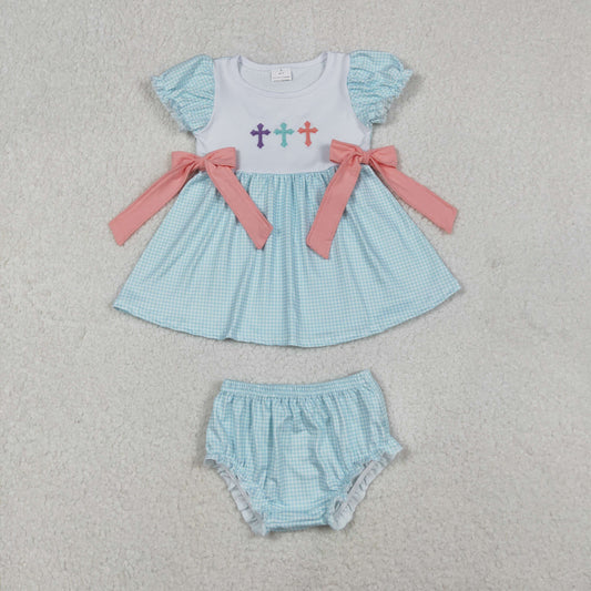GBO0480  baby girls Easter blue bow bummies embroidery
